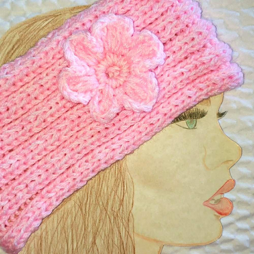 Pink Knitted Headband. Flower. Ribbed. Bubble Gum